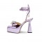 Chunky Heels Peep Square Toe Ankle Straps Platform Rhinestones Party Pumps - Light Purple