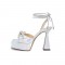 Chunky Heels Peep Square Toe Ankle Straps Platform Rhinestones Party Pumps - Silver