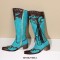 Pointed Toe Chunky Heels Ethnic Western Knee Highs Cowboy Boots - Blue Brown