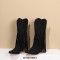 Pointed Toe Love Wings Tassel Decorated Western Chunky Heels Knee Highs Boots - Black