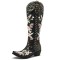 Pointed Toe Floral Embroidered Rivet with Stitches Decorated Western Chunky Heels Knee Highs Boots - Black