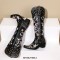 Pointed Toe Floral Embroidered Rivet with Stitches Decorated Western Chunky Heels Knee Highs Boots - Black