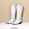 Pointed Toe Floral Embroidered Rivet with Stitches Decorated Western Chunky Heels Knee Highs Boots - White