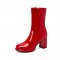 Round Toe Chunky Heels Side Zipper AnkleHighs Autumn Rain Boots - Red