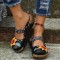 Round Toe Flower Decorated Roman Platform Sandals Slippers - Black Faux Leather