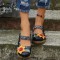 Round Toe Flower Decorated Roman Platform Sandals Slippers - Black Faux Leather