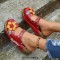 Round Toe Flower Decorated Roman Platform Sandals Slippers - Red Faux Leather