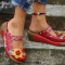 Round Toe Flower Decorated Roman Platform Sandals Slippers - Red Faux Leather