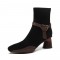 Round Toe Chunky Heels Leather Buckle Straps Boots with Side Zipper - Black