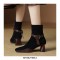 Round Toe Chunky Heels Leather Buckle Straps Boots with Side Zipper - Black