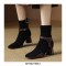 Round Toe Chunky Heels Leather Buckle Straps Boots with Side Zipper - Black