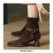 Round Toe Chunky Heels Leather Buckle Straps Boots with Side Zipper - Brown