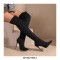 Pointed Toe Stiletto Heels Over the Knee Side Zipper Satin Boots  - Black