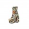 Round Toe Chunky Heels Buckle Straps Flowers Platforms Ankle Boots with Side Zipper - Yellow