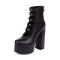 Round Toe Double Buckle Straps Back Zipper Chunky Heels Platforms Pumps - Black Faux Leather