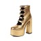 Round Toe Double Buckle Straps Back Zipper Chunky Heels Platforms Pumps - Gold Faux Leather