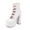 Round Toe Double Buckle Straps Back Zipper Chunky Heels Platforms Pumps - White Faux Leather