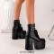 Round Toe Lace Up Double Straps Chunky Heels Platforms Zipper Ankle Highs Boots - Black Faux Leather