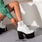 Round Toe Lace Up Double Straps Chunky Heels Platforms Zipper Ankle Highs Boots - White Faux Leather
