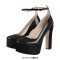 Round Toe Platforms Chunky Heels Ankle Buckle Straps Lolita Pumps - Black Patent