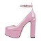 Round Toe Platforms Chunky Heels Ankle Buckle Straps Lolita Pumps - Pink Patent