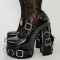 Round Toe Mary Janes Gothic Punk Chunky Heels Platforms Buckle Straps Rivet Pumps - Black