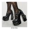 Round Toe Mary Janes Gothic Punk Chunky Heels Platforms Buckle Straps Rivet Pumps - Black