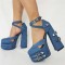Round Toe Dorsay Gothic Punk Chunky Heels Platforms Ankle Buckle Straps Rivet Pumps - Blue