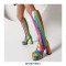 Round Toe Chunky Heels Platforms Knee Highs Gothic Rainbow Boots with Side Zipper - Multicolor