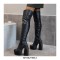 Round Toe Platforms Over The Knee Snake Print Chunky Heels Zipper Booties - Black