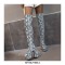 Round Toe Platforms Over The Knee Snake Print Chunky Heels Zipper Booties - White