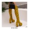 Round Toe Platforms Over The Knee Snake Print Chunky Heels Zipper Booties - Yellow