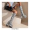 Round Toe Chunky Heels Platforms Knee Highs Tiger Print Booties with Side Zipper - Black White