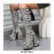 Round Toe Chunky Heels Platforms Knee Highs Zebra Print Booties with Side Zipper - Black White