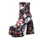Square Toe Flower Pattern High Cutout Chunky Heels Platforms Side Zip Ankle Highs Boots - Black Faux Leather