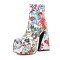 Square Toe Flower Pattern High Cutout Chunky Heels Platforms Side Zip Ankle Highs Boots - White Faux Leather