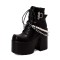 Square Toe Platforms Gothic Beads Decorated Lace Up Platforms Chunky Heels Ankle Highs Boots - Black Faux Leather