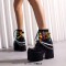 Square Toe Platforms Gothic Beads Decorated Lace Up Platforms Chunky Heels Ankle Highs Boots - Black Faux Leather