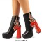 Round Toe Platforms Red Flame Ankle Highs Chunky Heels Boots - Black Faux Leather