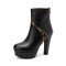Round Toe Cuban Heels Platforms Back Zipper Ankle Boots - Black