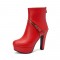 Round Toe Cuban Heels Platforms Back Zipper Ankle Boots - Red