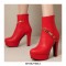 Round Toe Cuban Heels Platforms Back Zipper Ankle Boots - Red