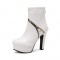 Round Toe Cuban Heels Platforms Back Zipper Ankle Boots - White