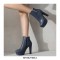 Round Toe Cuban Heels Platforms Side Zipper Ankle Boots - Blue