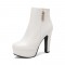 Round Toe Cuban Heels Platforms Side Zipper Ankle Boots - White