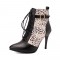 Pointed Toe Stiletto Heels Side Zipper LaceUp Ankle Straps Leopard Boots - Black