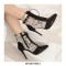 Pointed Toe Stiletto Heels Side Zipper LaceUp Ankle Straps Leopard Boots - Black