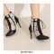 Pointed Toe Stiletto Heels Side Zipper LaceUp Ankle Straps Leopard Boots - Black