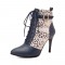 Pointed Toe Stiletto Heels Side Zipper LaceUp Ankle Straps Leopard Boots - Blue