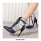 Pointed Toe Stiletto Heels Side Zipper LaceUp Ankle Straps Leopard Boots - Blue